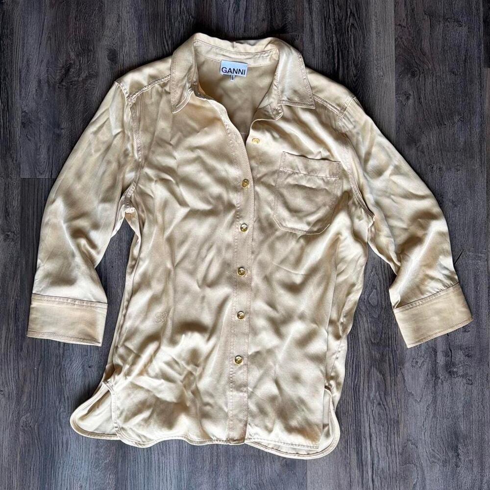 Ganni goldtan satin button up shirt